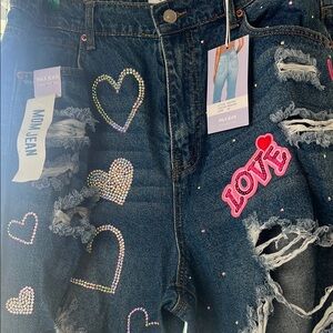 Wax Jean Distressed Denim with Heart and Love Accents
